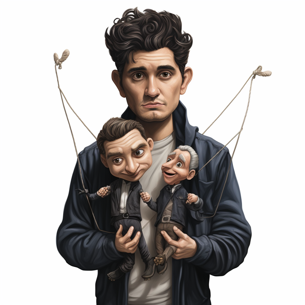 John Mayer holding puppet on white background