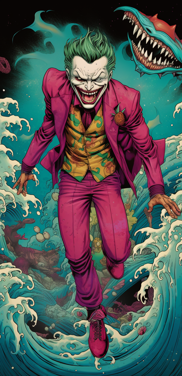 Joker on Shark Back in Vibrant Comics Style