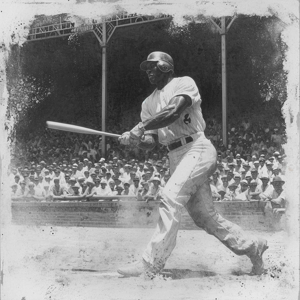 Josh Gibson swinging home run in black and white