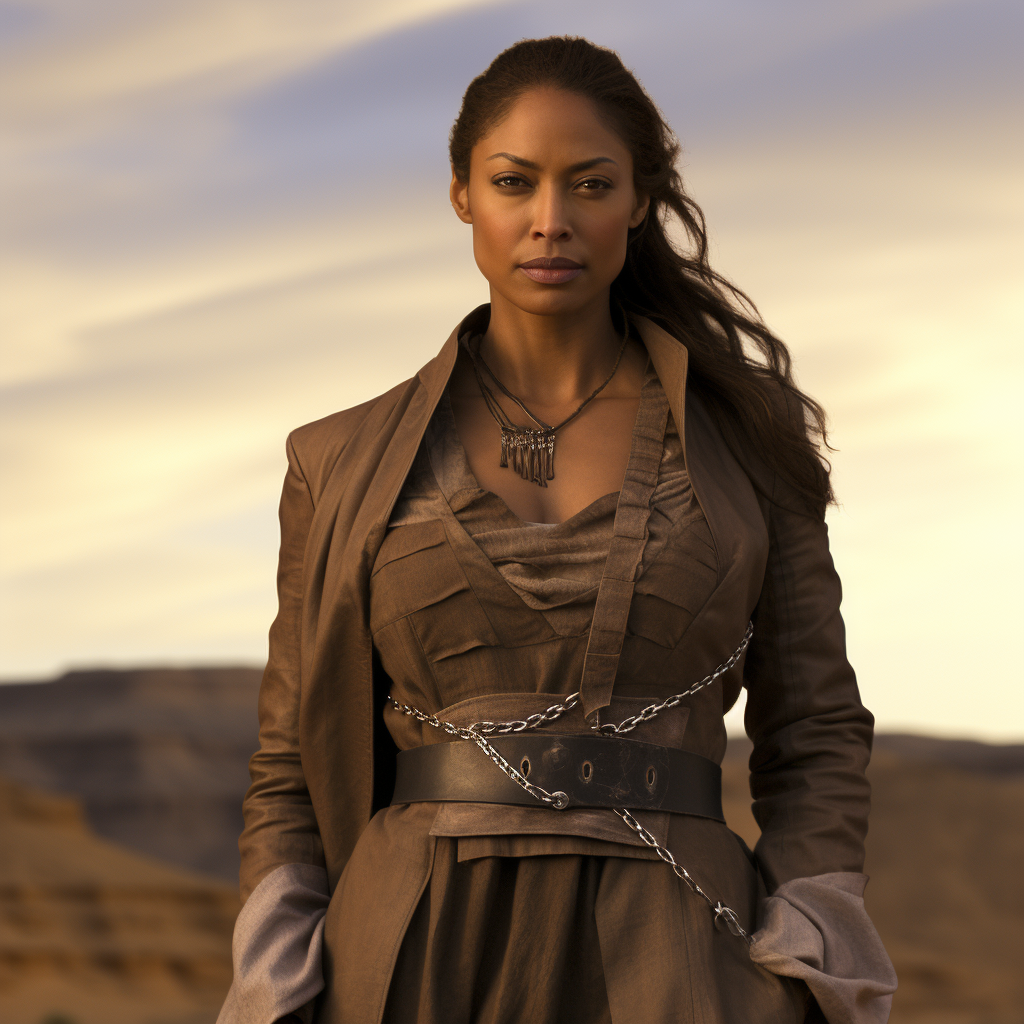 Gina Torres wearing long brown duster coat in futuristic western world