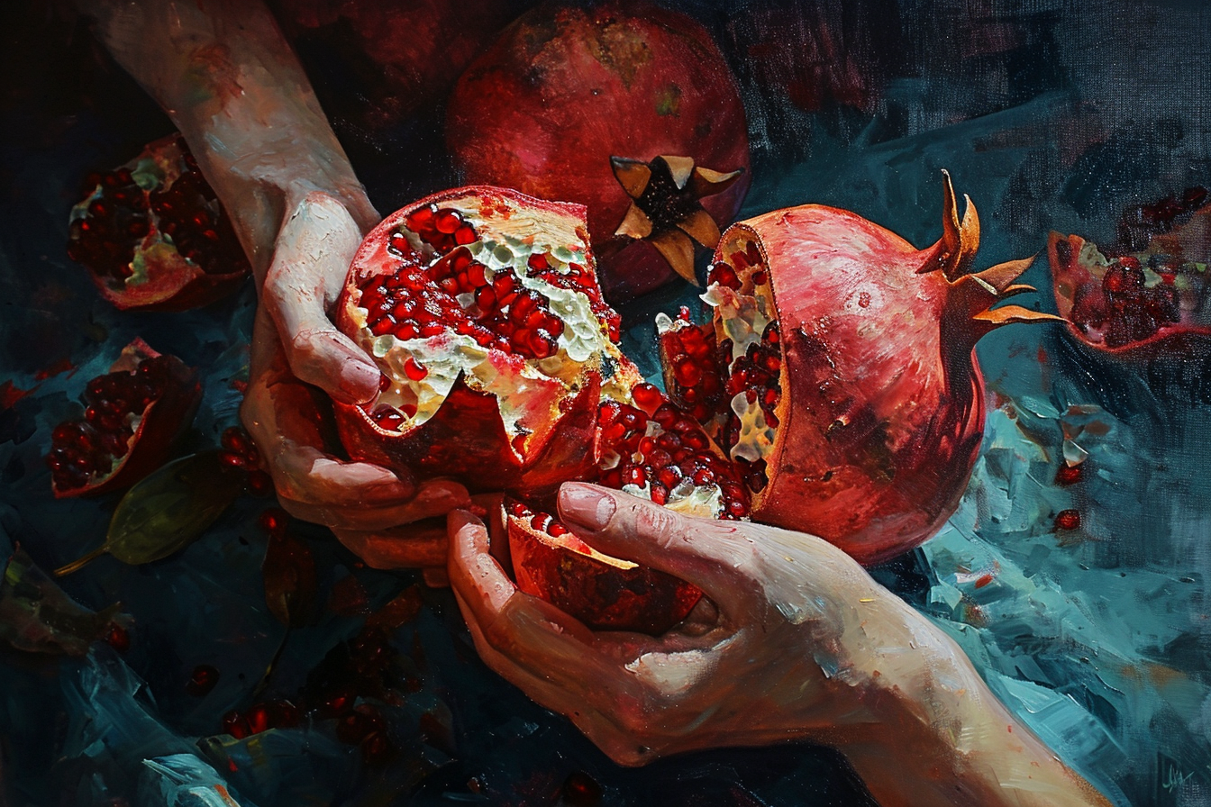 Closeup of hands ripping juicy pomegranate