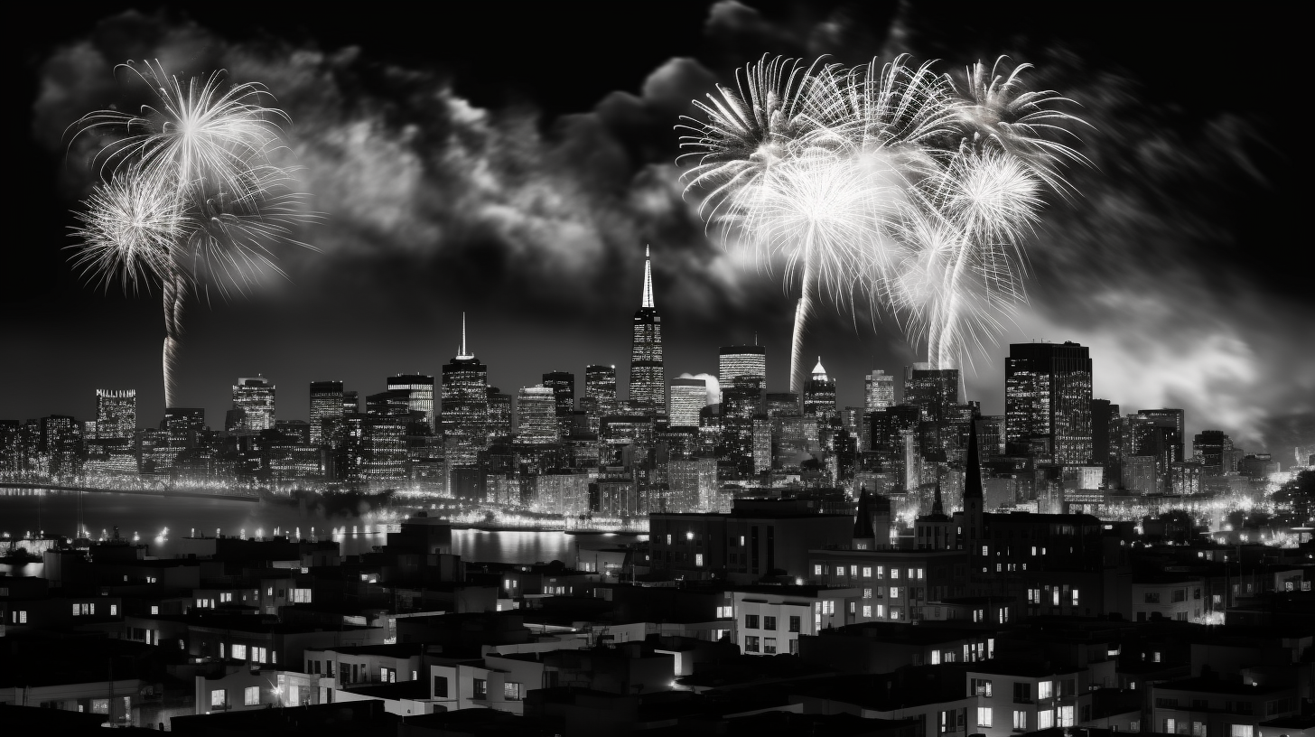 Vibrant fireworks exploding in the night sky