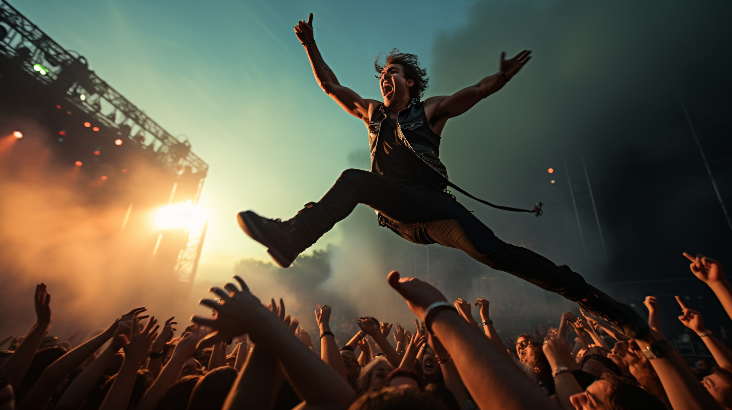 Excited rockstar jumping into the concert crowd