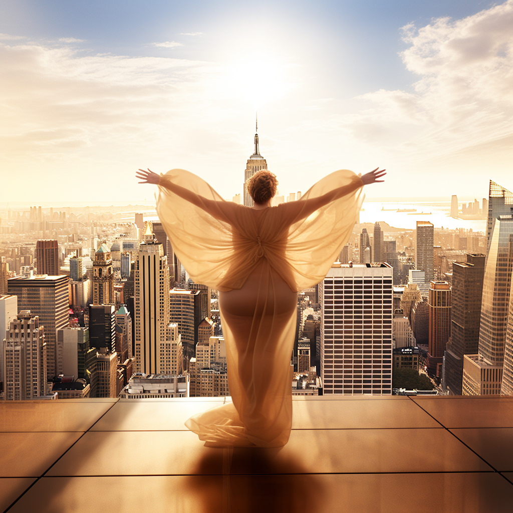 Plus-size woman leaping into NYC skyline