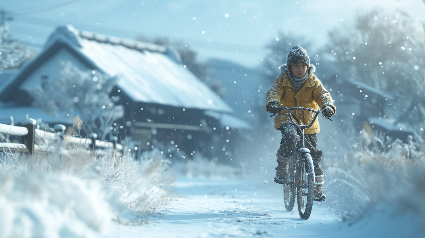 Boy riding bicycle in winter