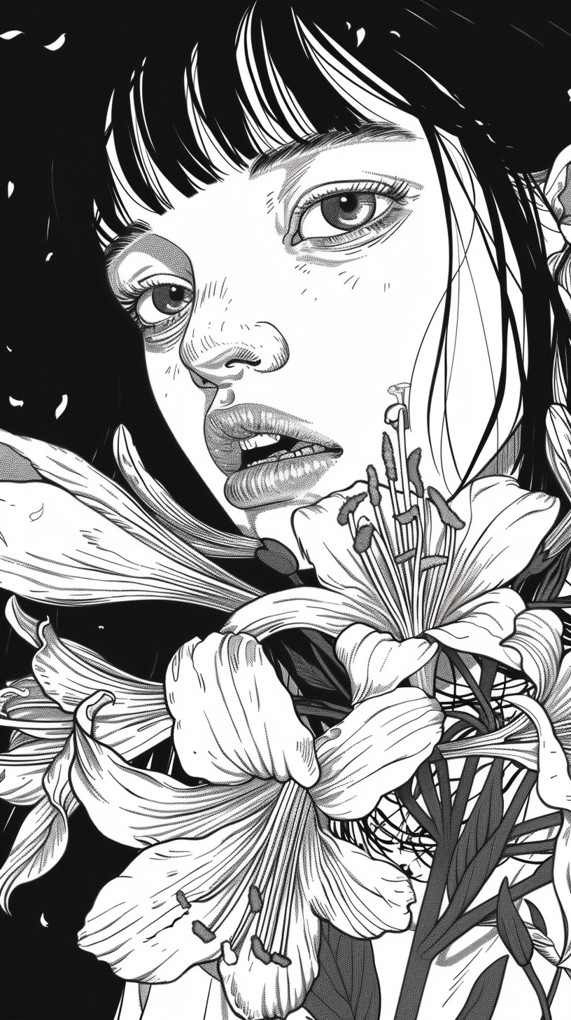 Junji Ito manga inspired girl with flowers