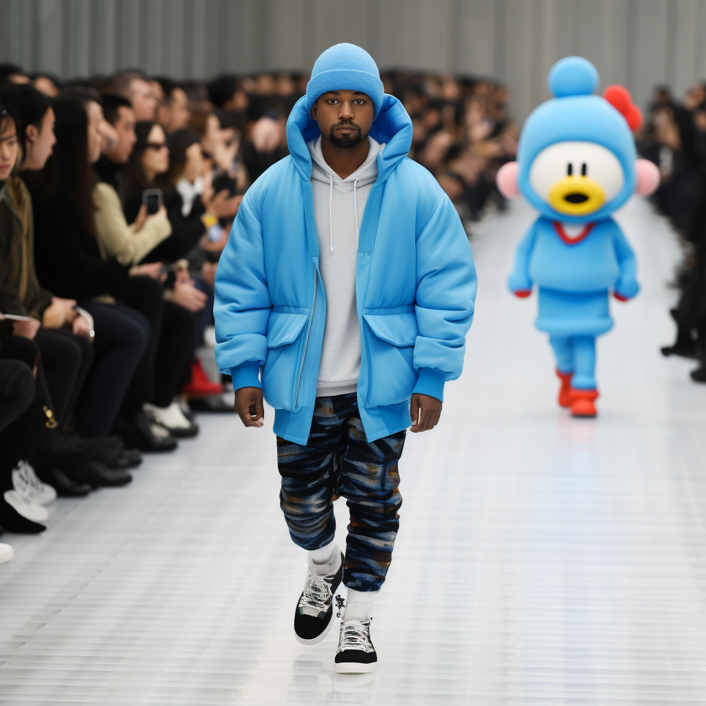 Kanye wearing Doraemon on the catwalk