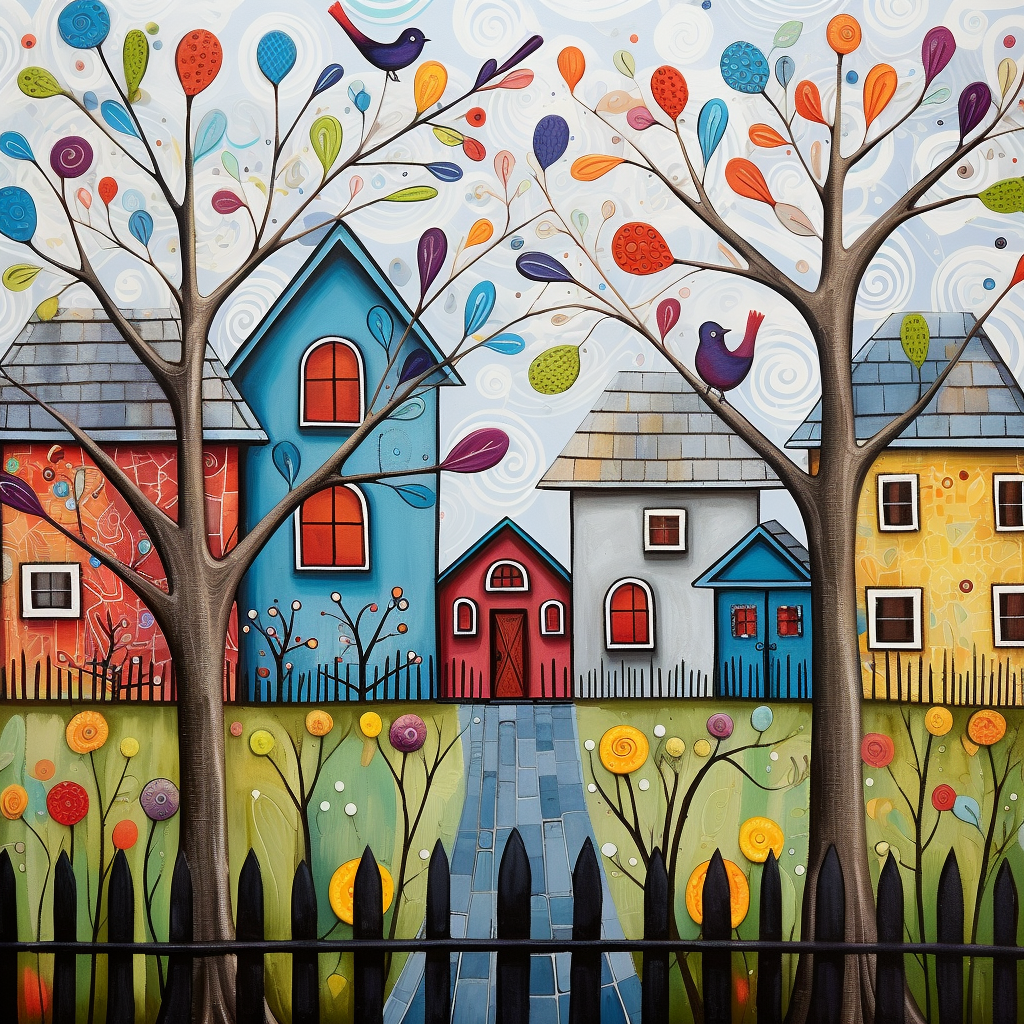 Colorful Karla Gerard painting of houses, trees, fence, blackbird