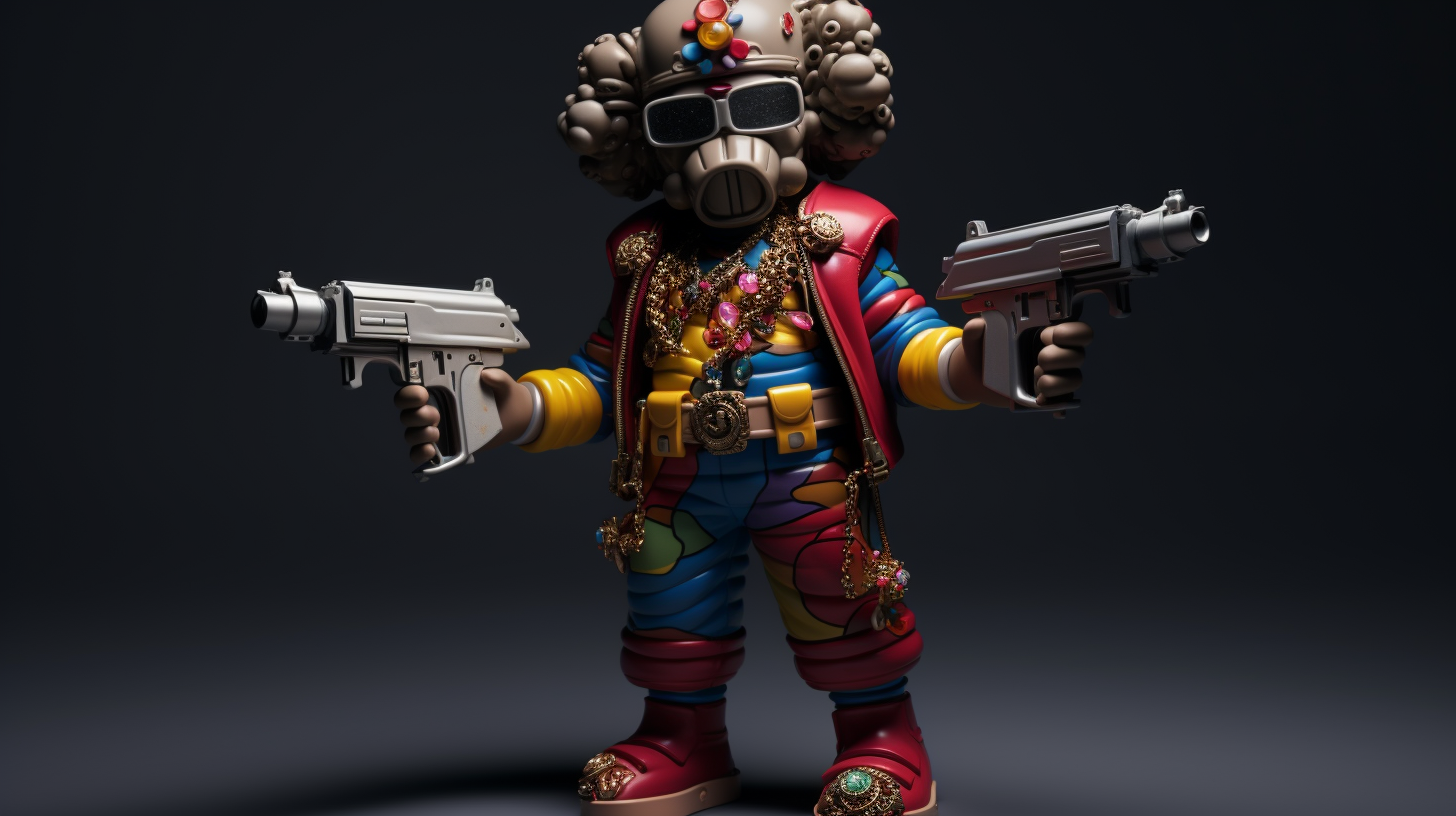 KAWS midget figurine dressed in Gucci clothing with guns