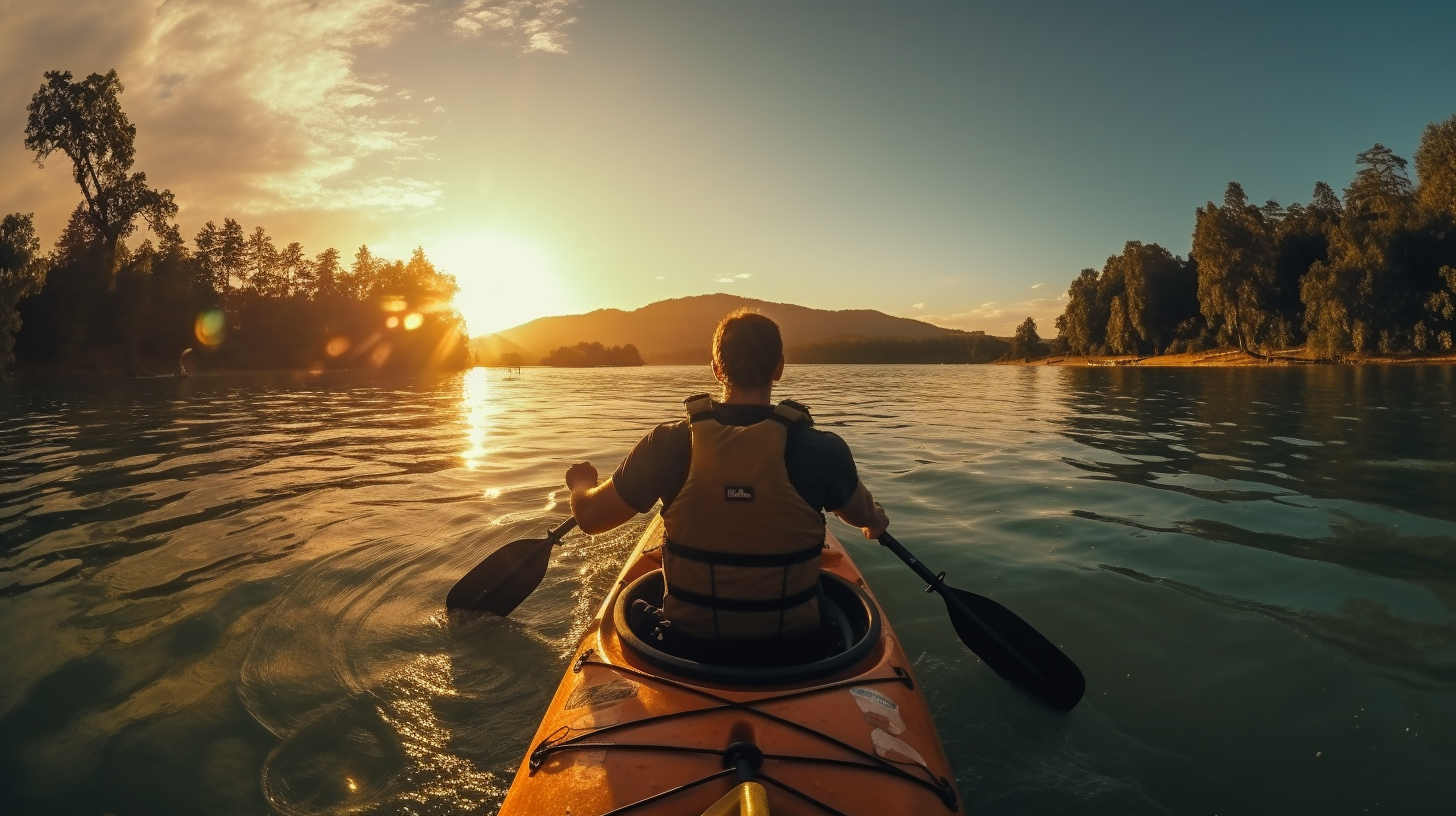 Two male friends kayaking in a scenic lake