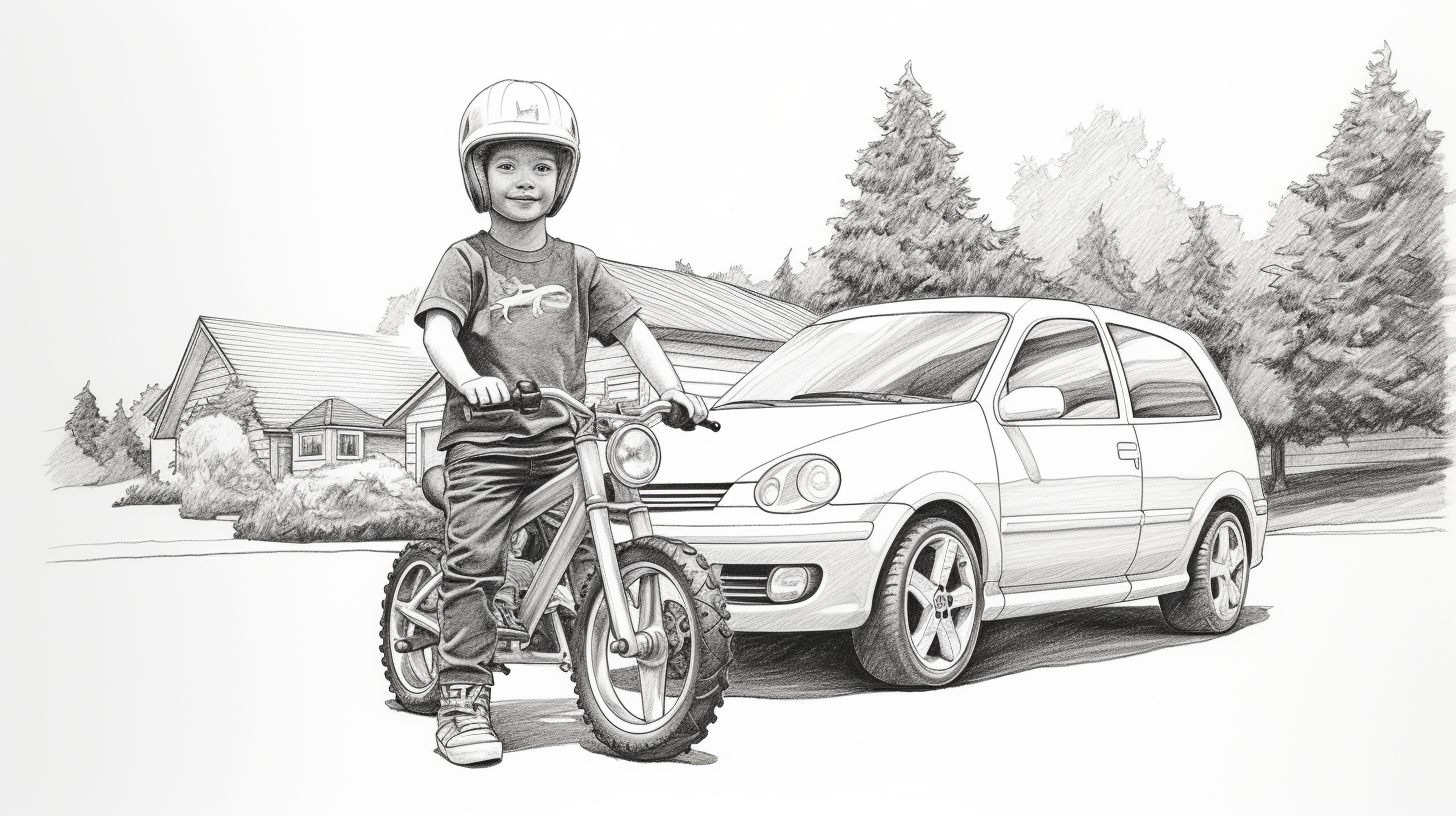 Black and white pencil sketch of kid riding BMX bike