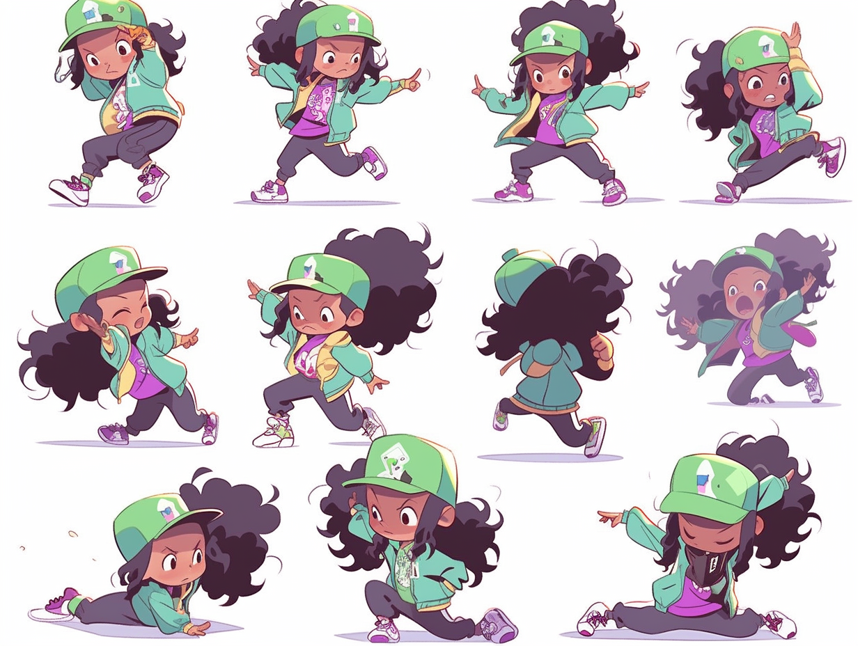 Energetic breakdancing hip hop chibi characters