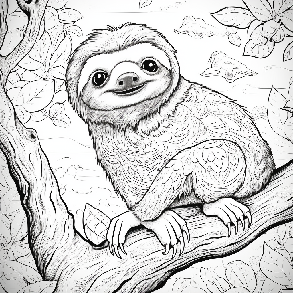 Cute sloth on a tree coloring page