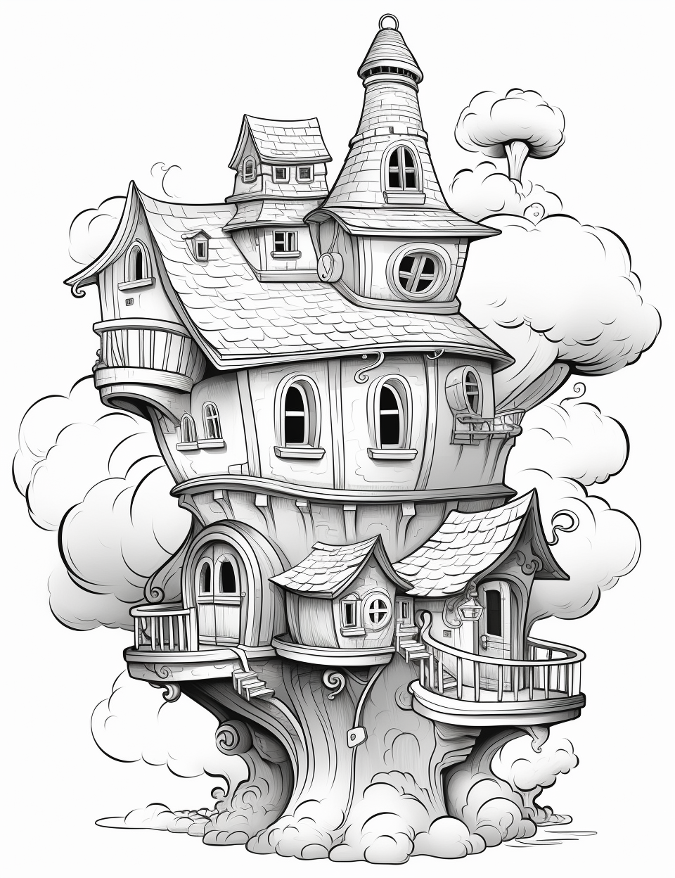 Cute Kids' House on Cloud Coloring Page