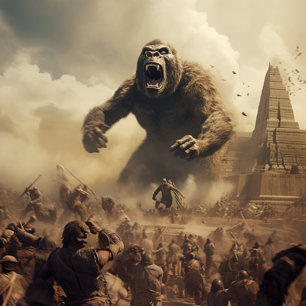 King Kong attacking pyramids in horror style