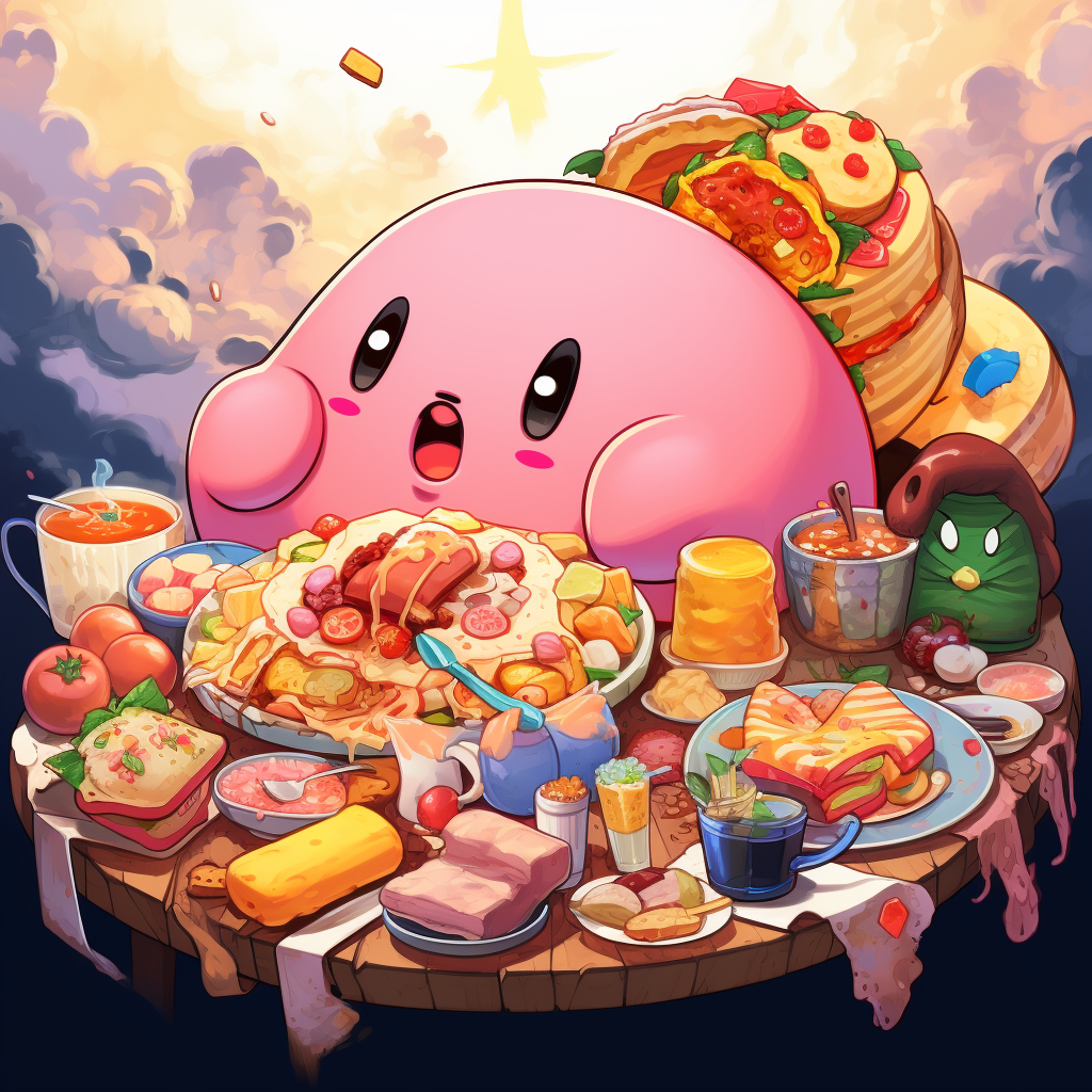 Cartoon Kirby eating lots of food