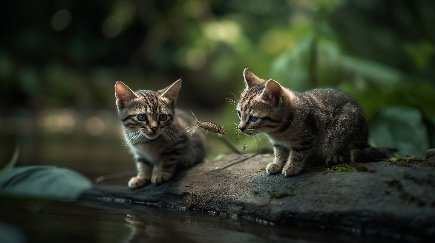 Kittens fishing by tranquil riverbank with dragonfly