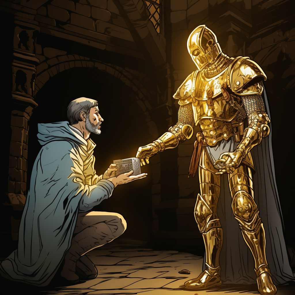 Knight ghost offers metal detector man a shiny gold coin