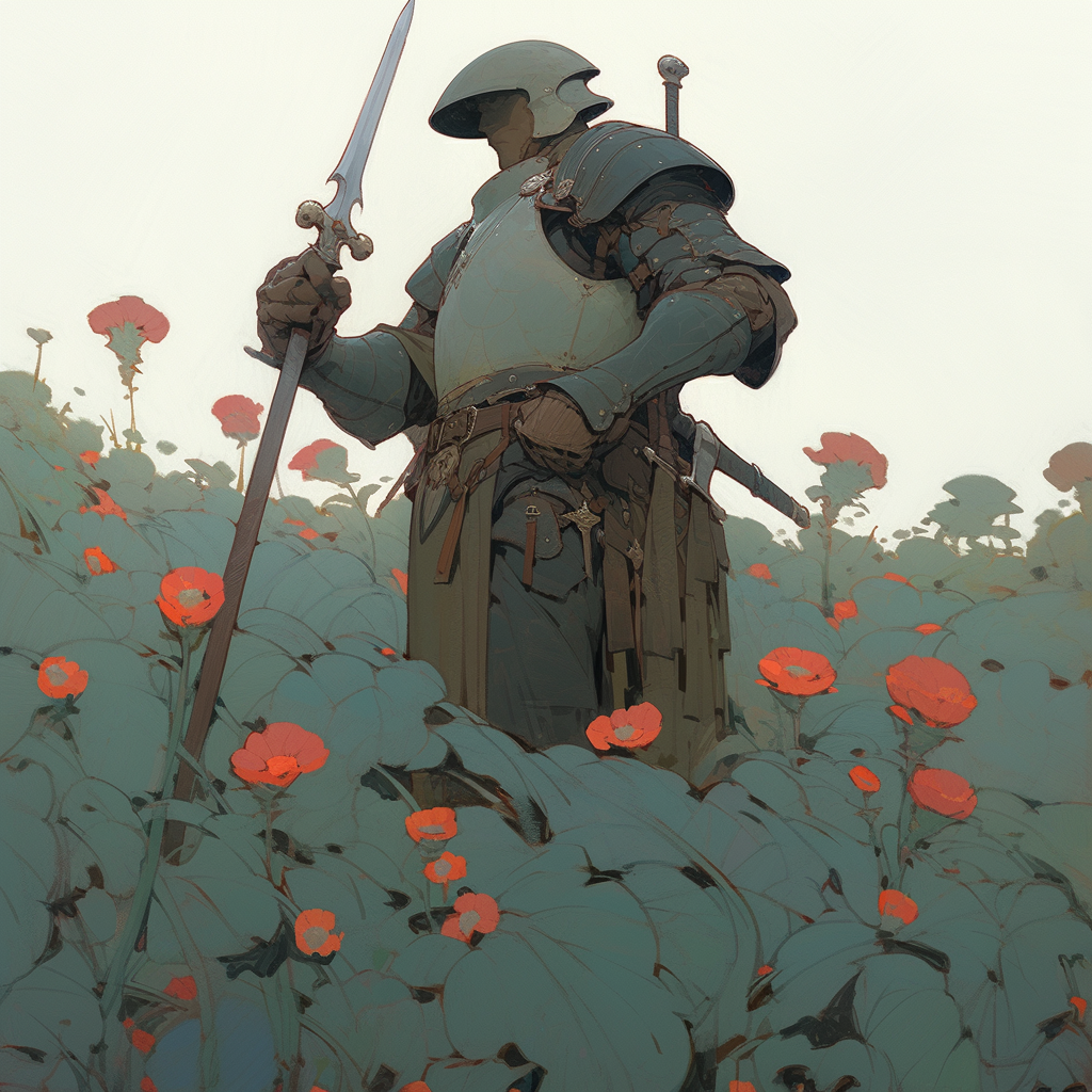 Knight with Broken Armor in Flower Field