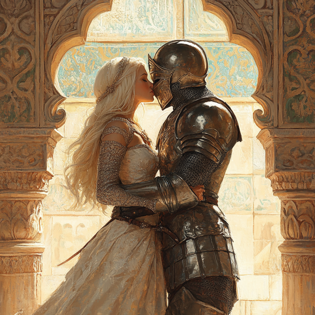 Knight and Roman Goddess Kiss