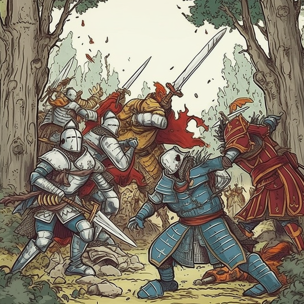 Knights in Ghibli-style fighting scene