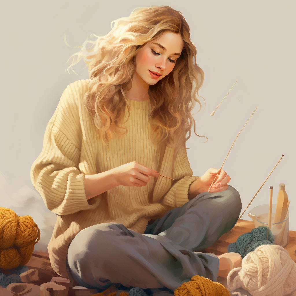 Woman knitting with wooden needles and sweater