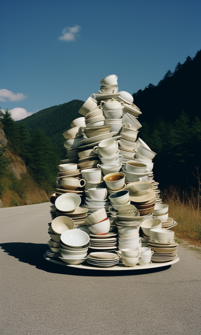 Zenithal view of crockery on highway