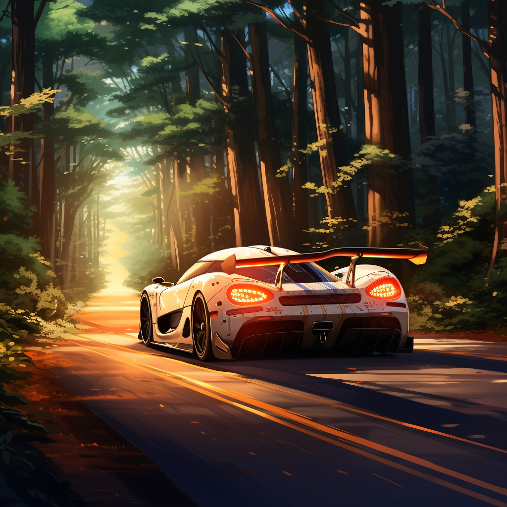 Anime-style Koenigsegg driving through forest road