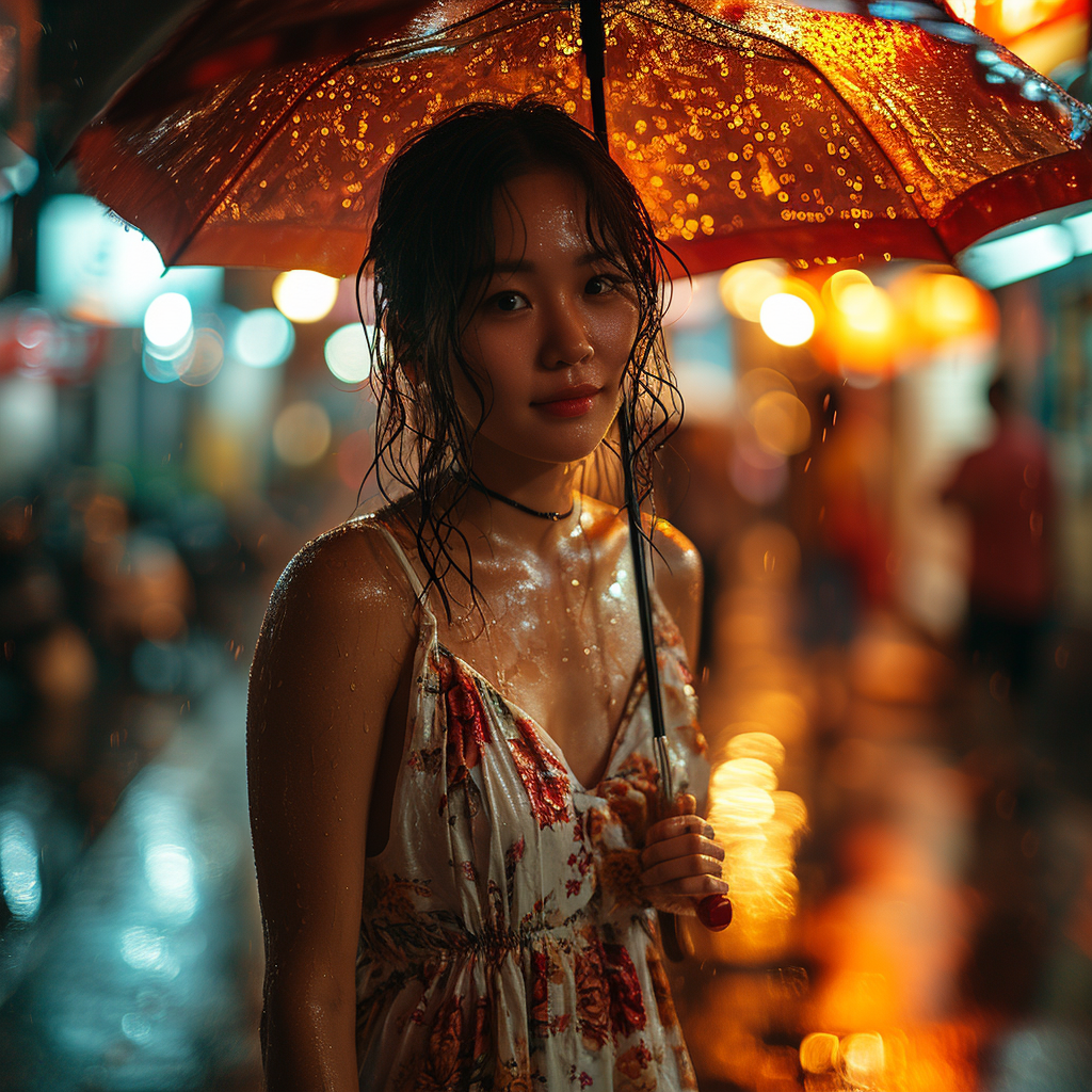 Smiling Korean woman walking in the rain