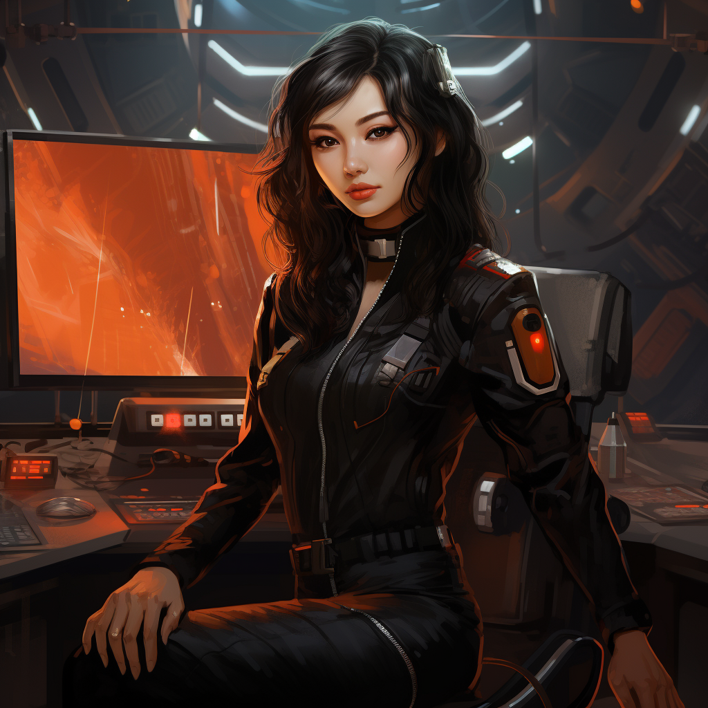 Illustration of worried Korean woman pilot on cyberpunk bridge