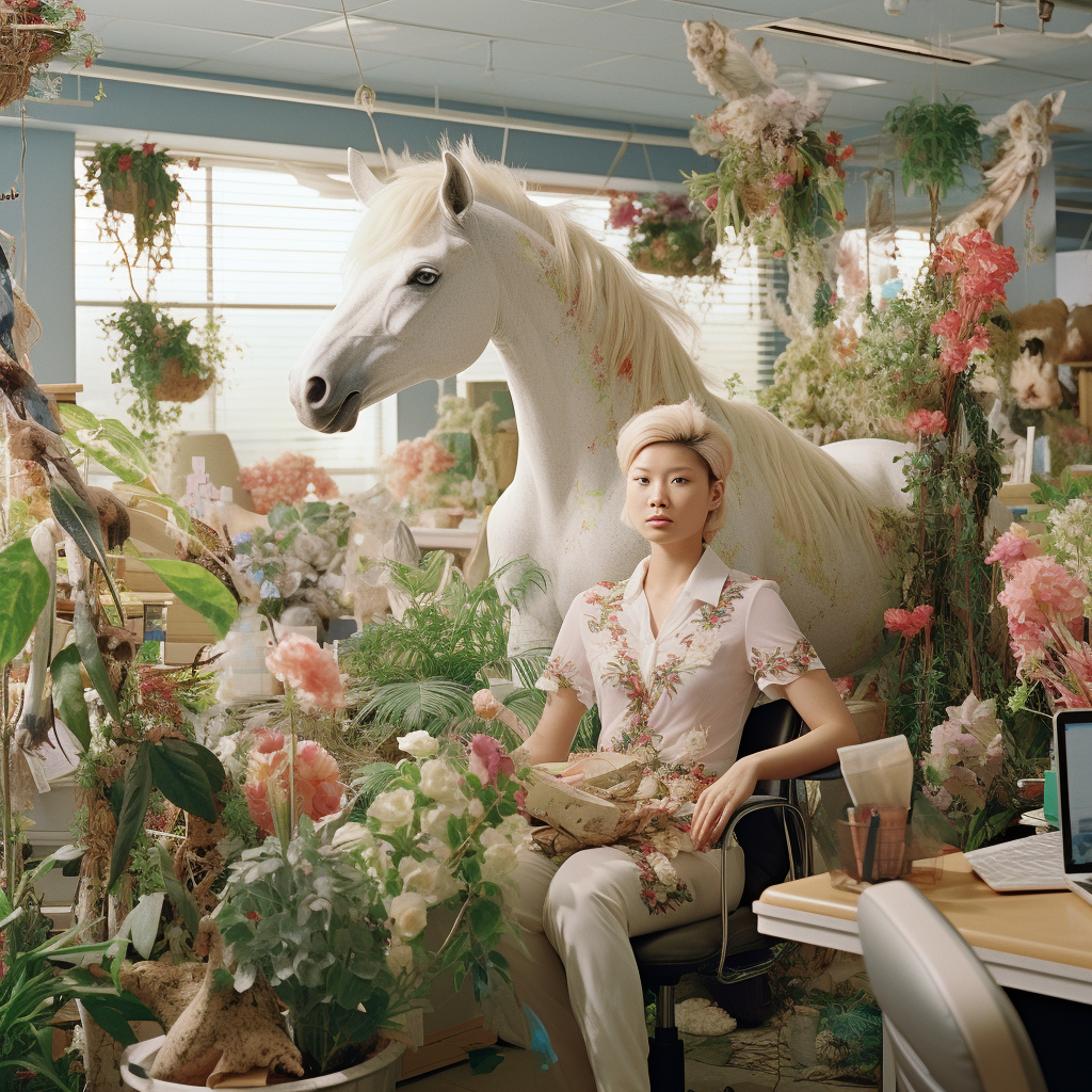 K-Pop Female Idol on Unicorn in Exotic Plant-Filled Office