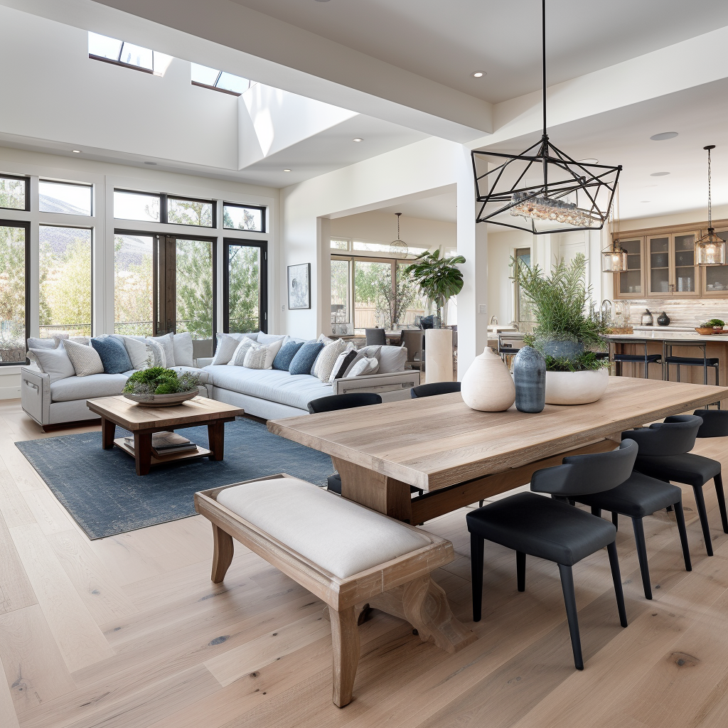 L-shaped living and dining room with rustic touch