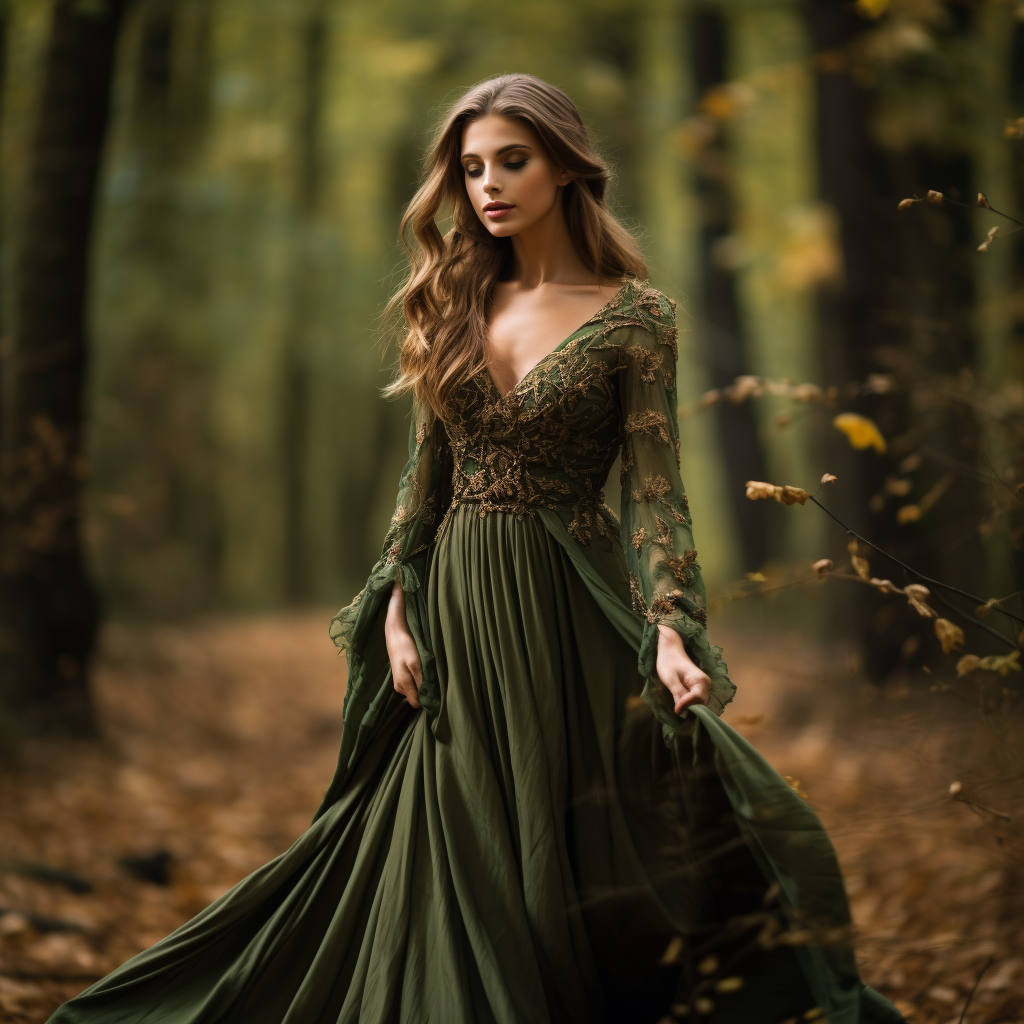 Elegant lady in green dress standing in forest