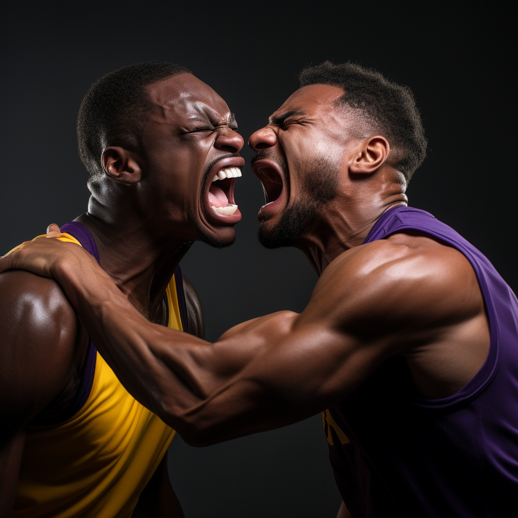 Muscular black men in Lakers jerseys fighting