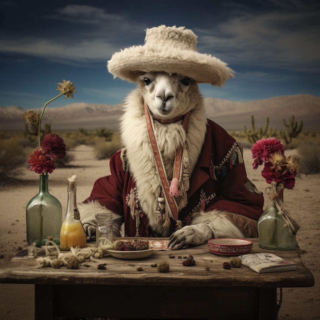 Lama enjoying whiskey in sand desert with hat