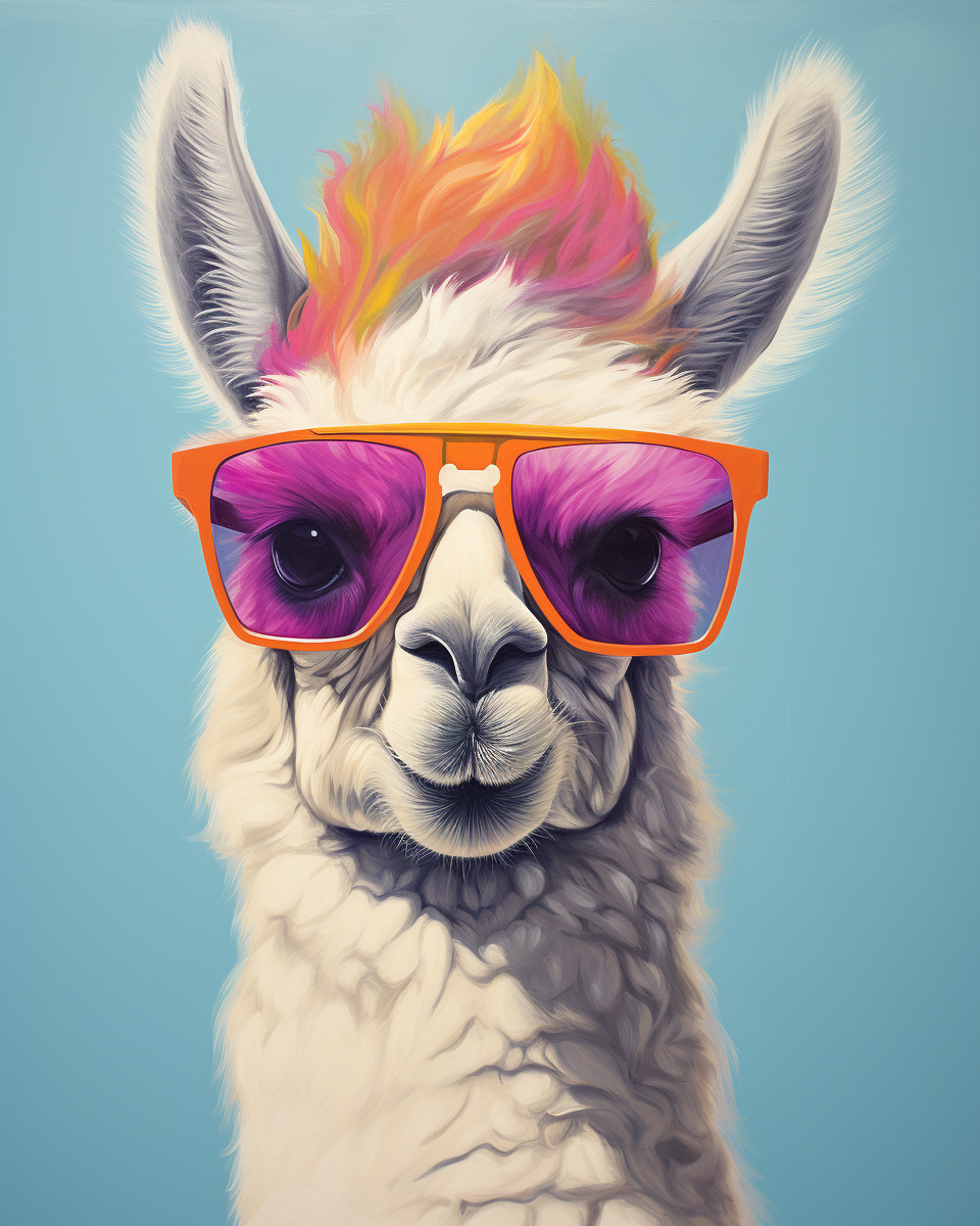 Surrealistic painting of a lama with sunglasses