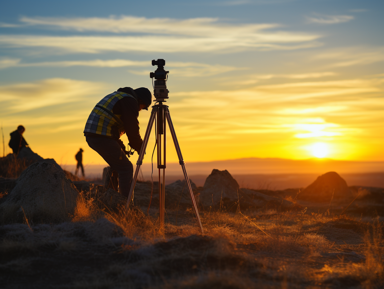 Land surveyor using total station at sunset