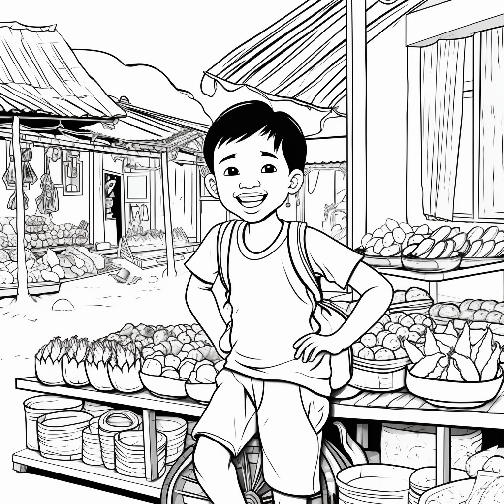 Coloring page of a Laotian street food market