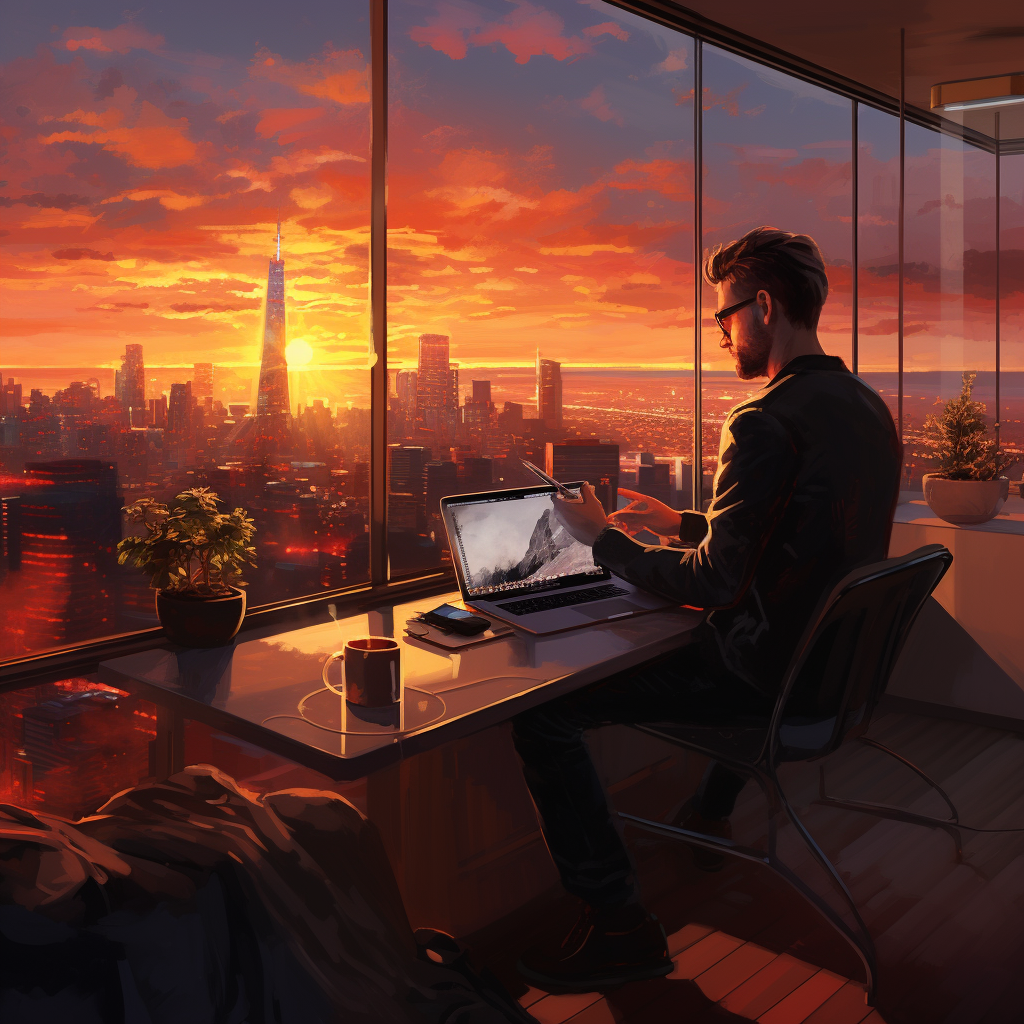 Laptop trader enjoying a beautiful sunset view