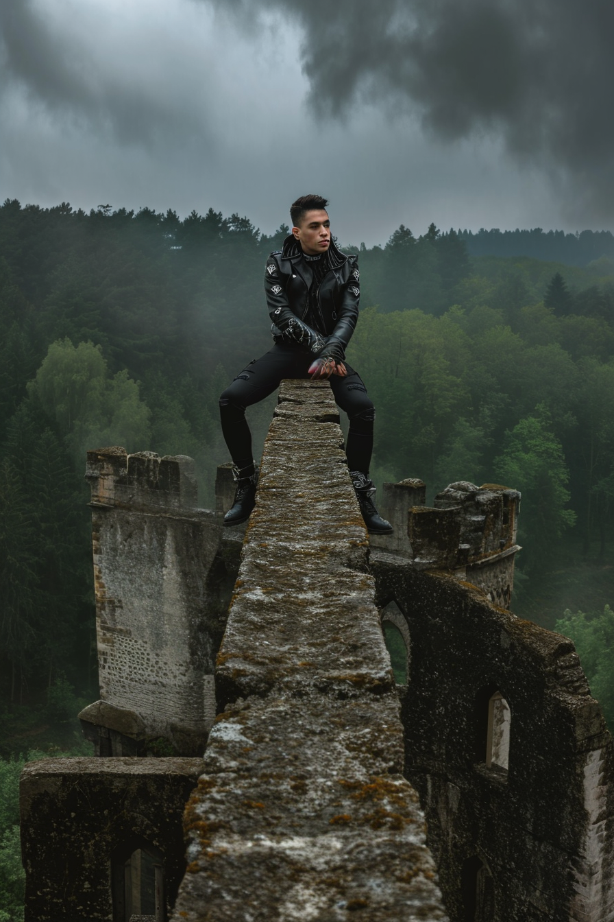 Latino man on narrow stone bridge