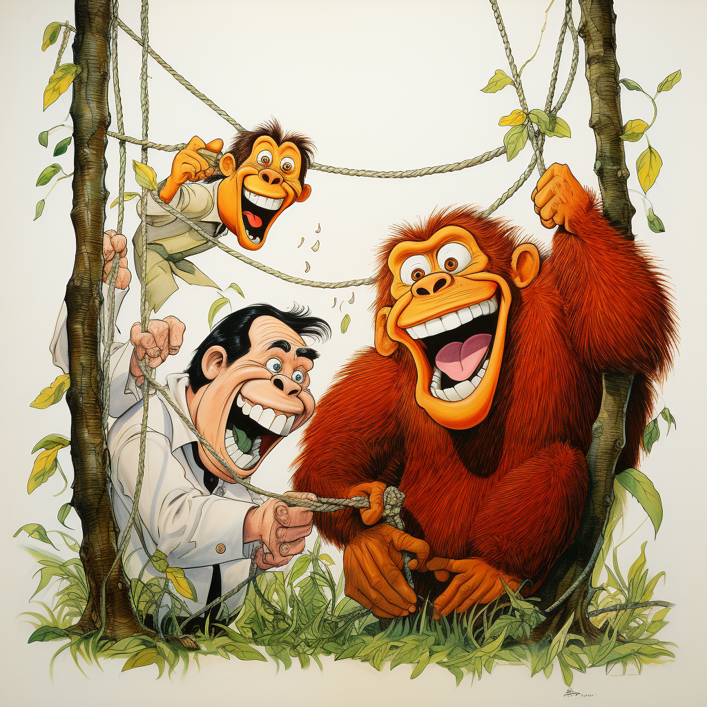 Cartoon orangutan laughing at trapped men in a net