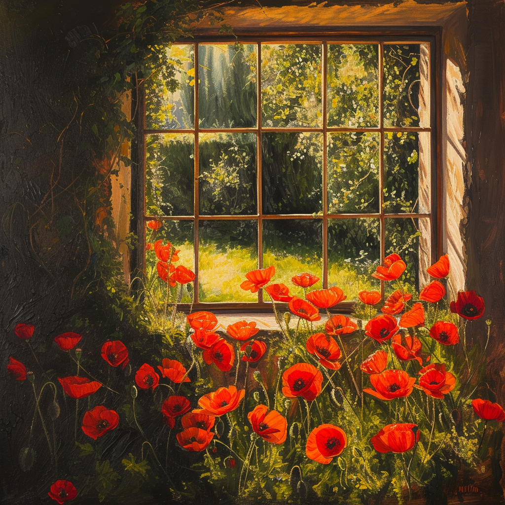 Red Poppies on Lawn Window