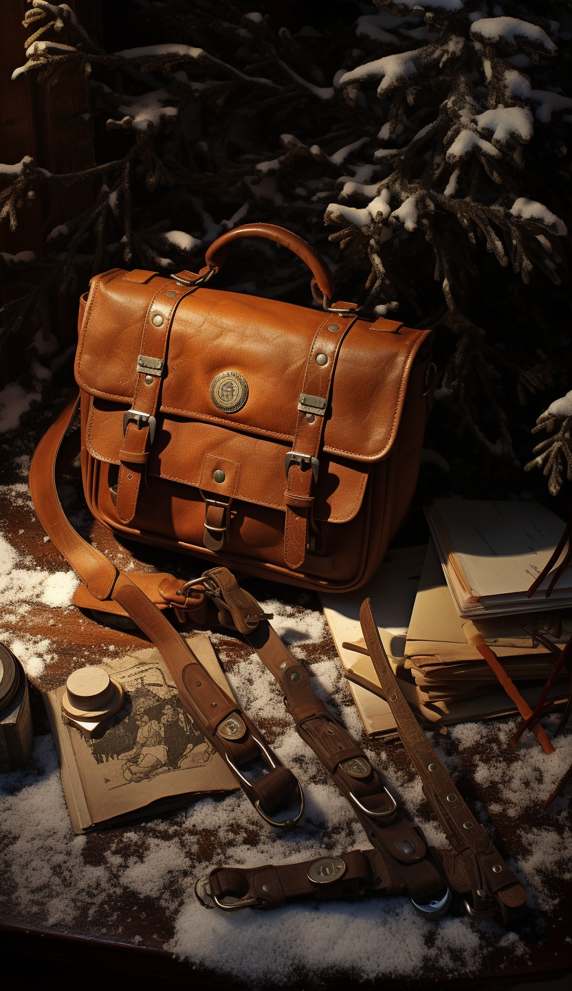 Leather satchel with tools in snow