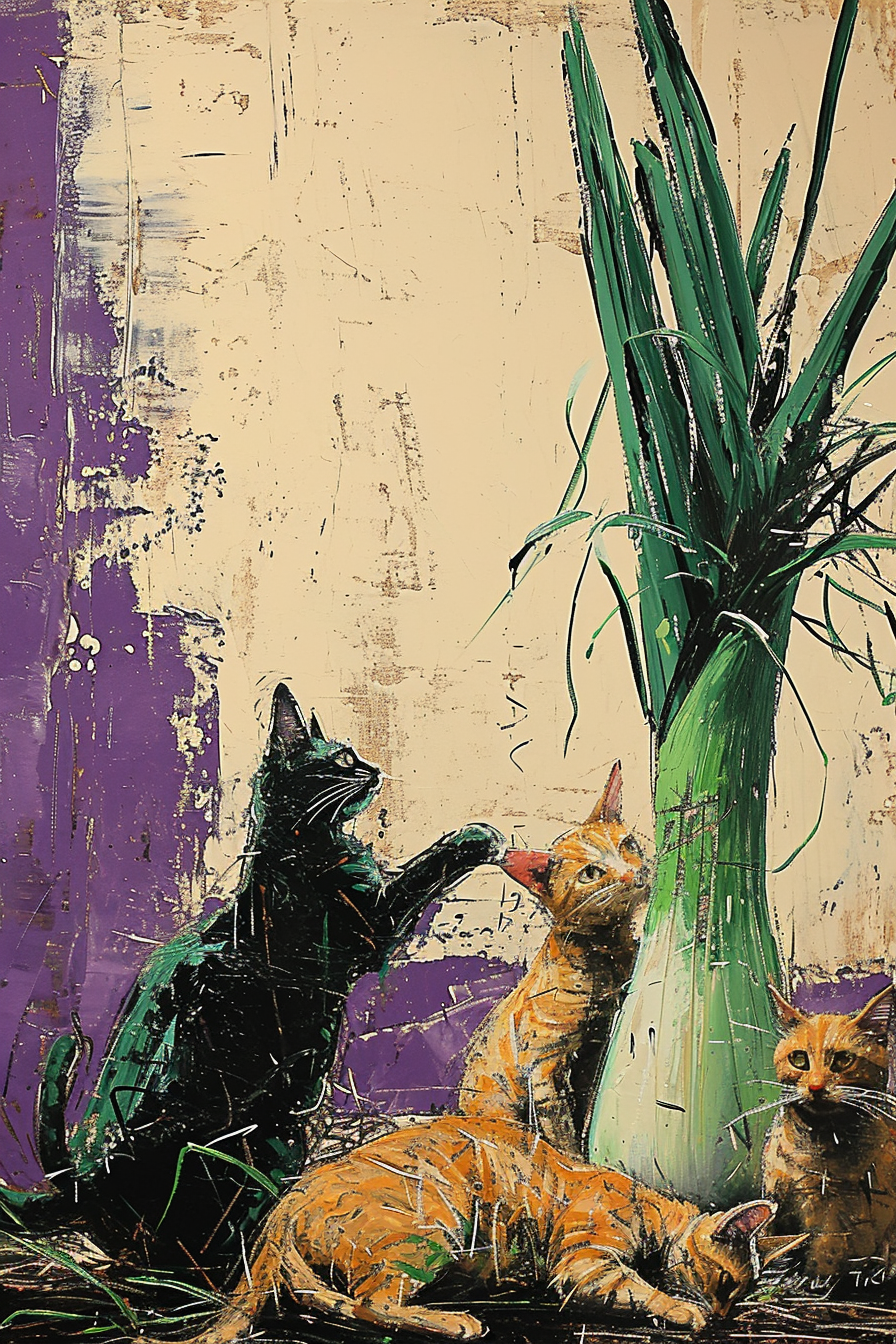 Colorful leek with playful cats