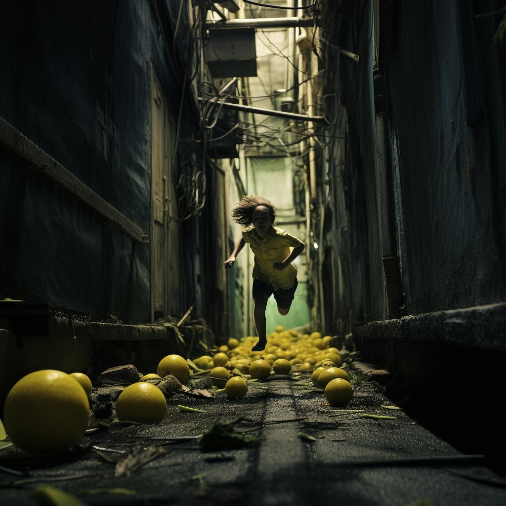 Lemon running through scary alley