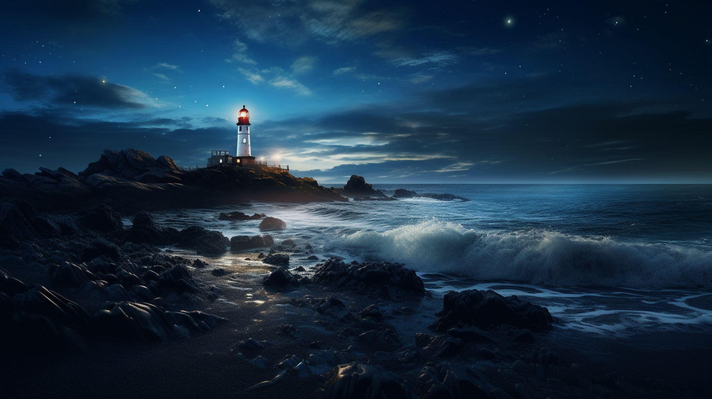 Beautiful lighthouse on the beach at night