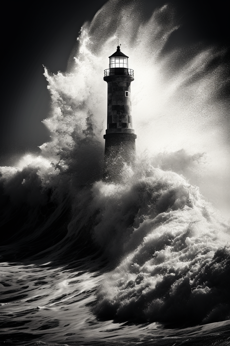 Powerful lighthouse battling crashing waves