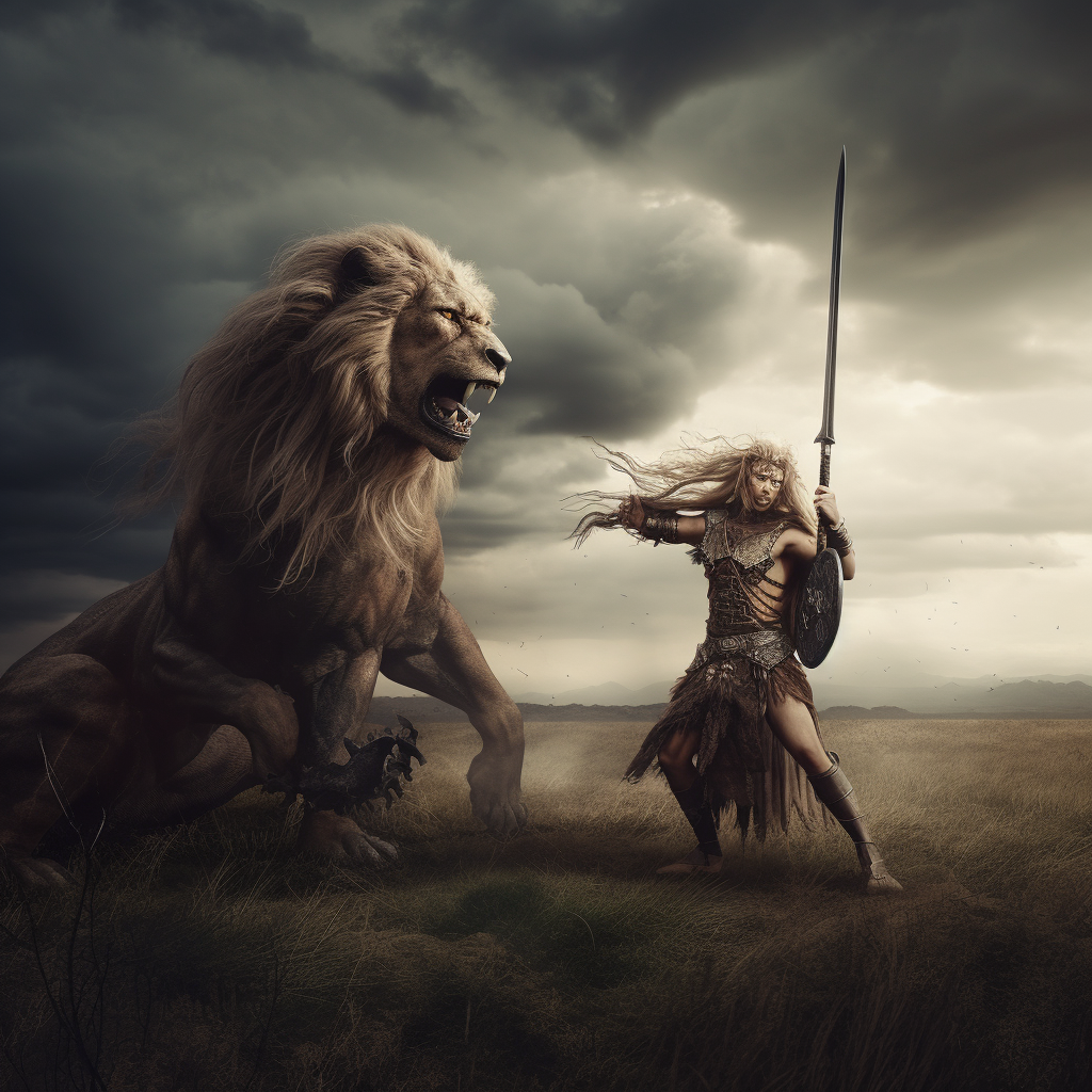 Fierce lion humanoid swinging halberd