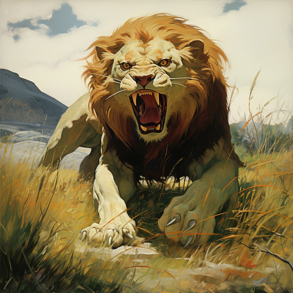 Lion Roaring in Green Field