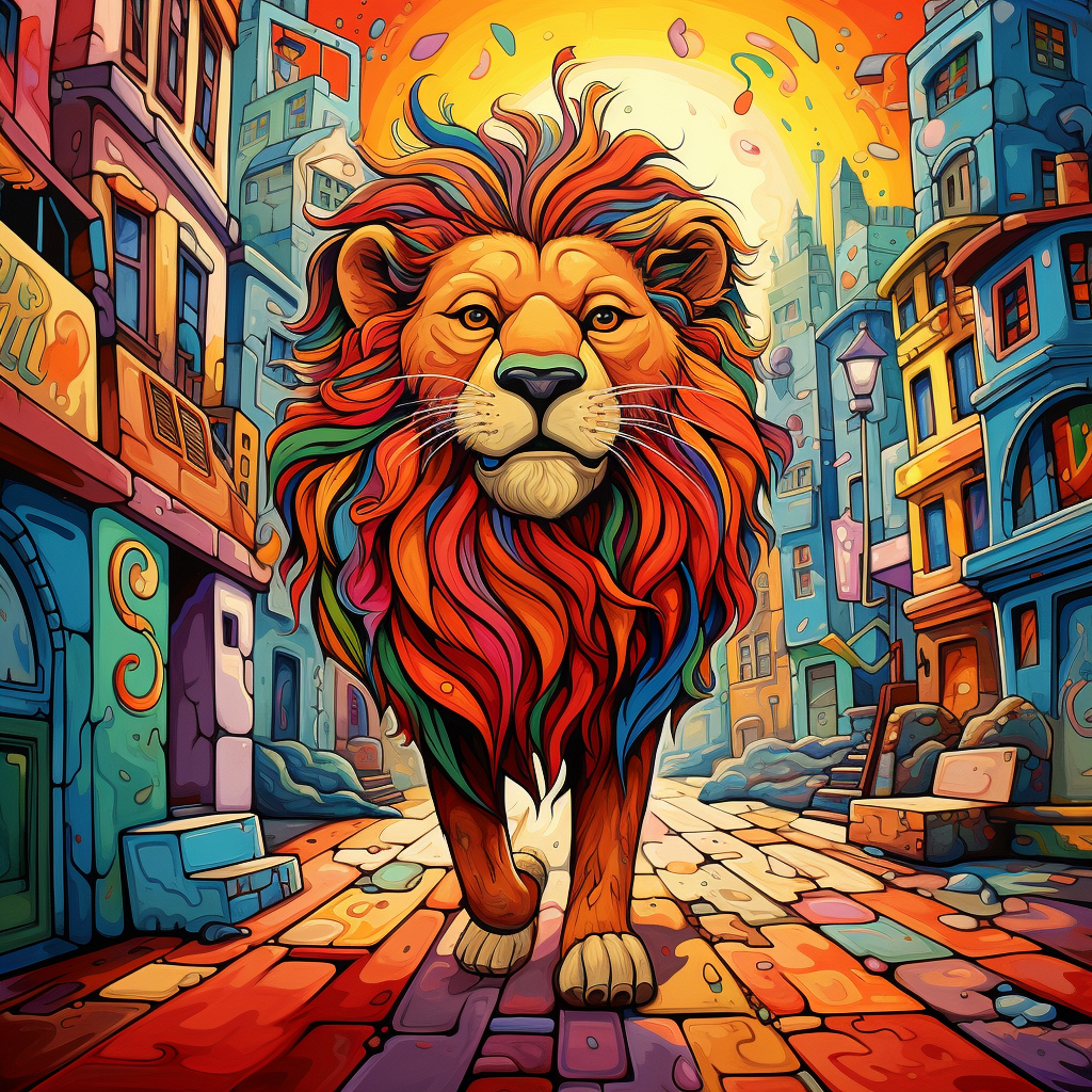 Cartoon lion walking through colorful city